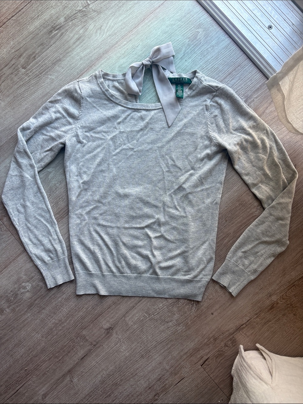 Ralph Lauren Light Gray Crewneck Sweater with Neck Bow